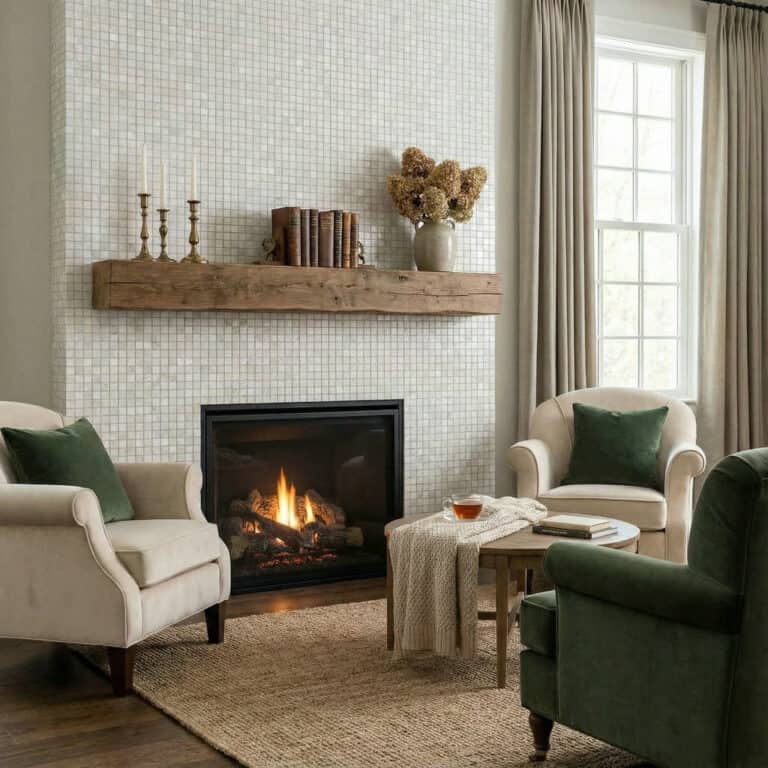 mother of pearl tile fireplace surround living room
