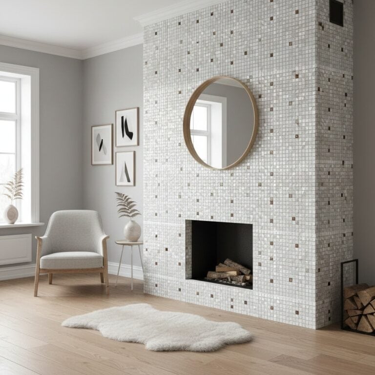 Contemporary mosaic tile fireplace with neutral colors, textured surface, and a round mirror above. The room features minimal.