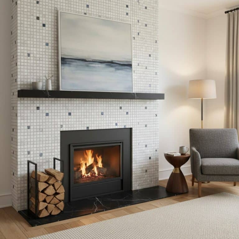 Gray and white mosaic tile with textured surface.