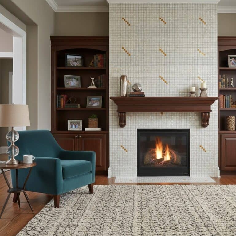 Bright white mosaic tile with gold accents surrounding a cozy fireplace.
