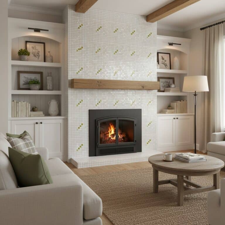 Bright living room featuring white mosaic tile fireplace with wooden mantel.