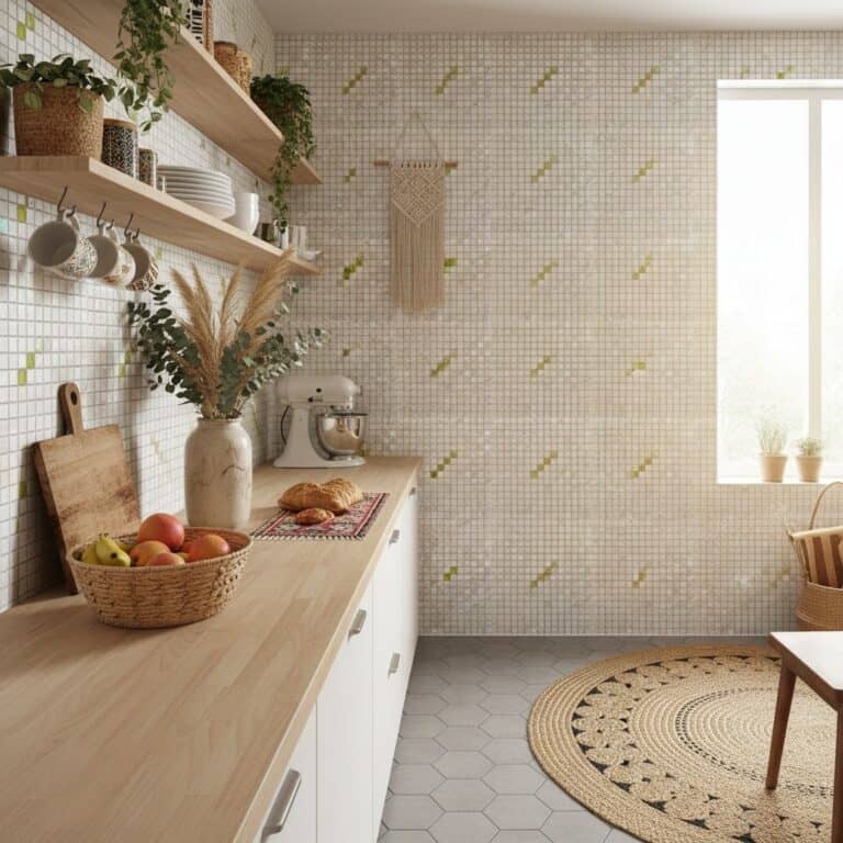 Bright kitchen with white hexagon tiles and green accent details, natural wood accents, and a cozy woven rug.