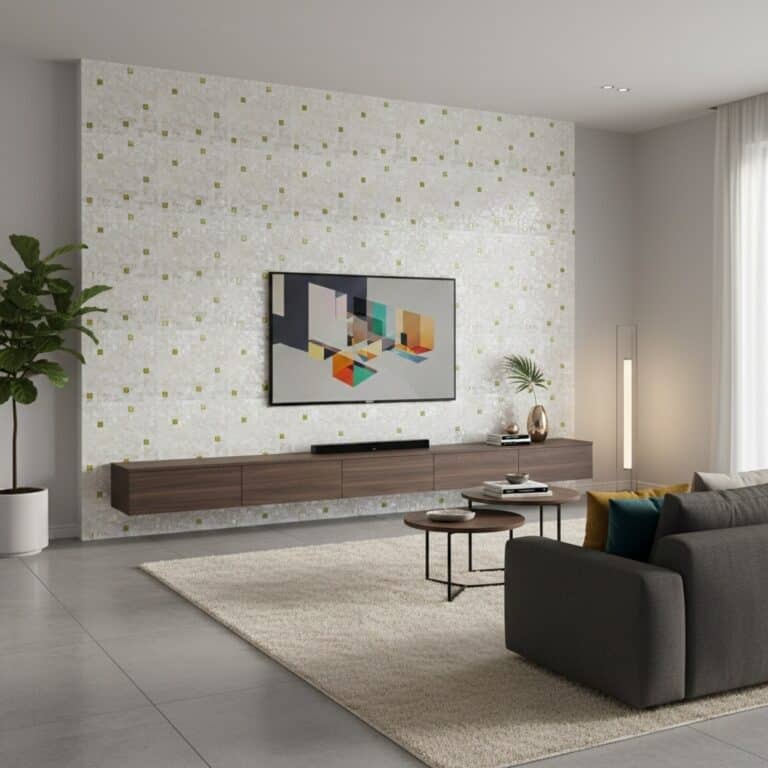 Bright, textured wallpaper with small gold accents on a white background.