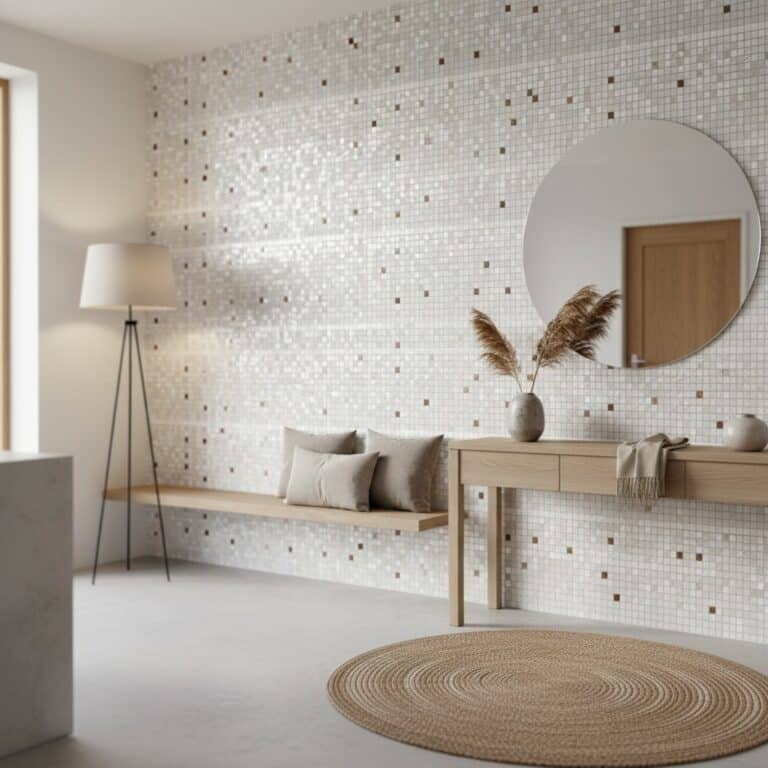 Cream and brown mosaic tile wall with textured surface.