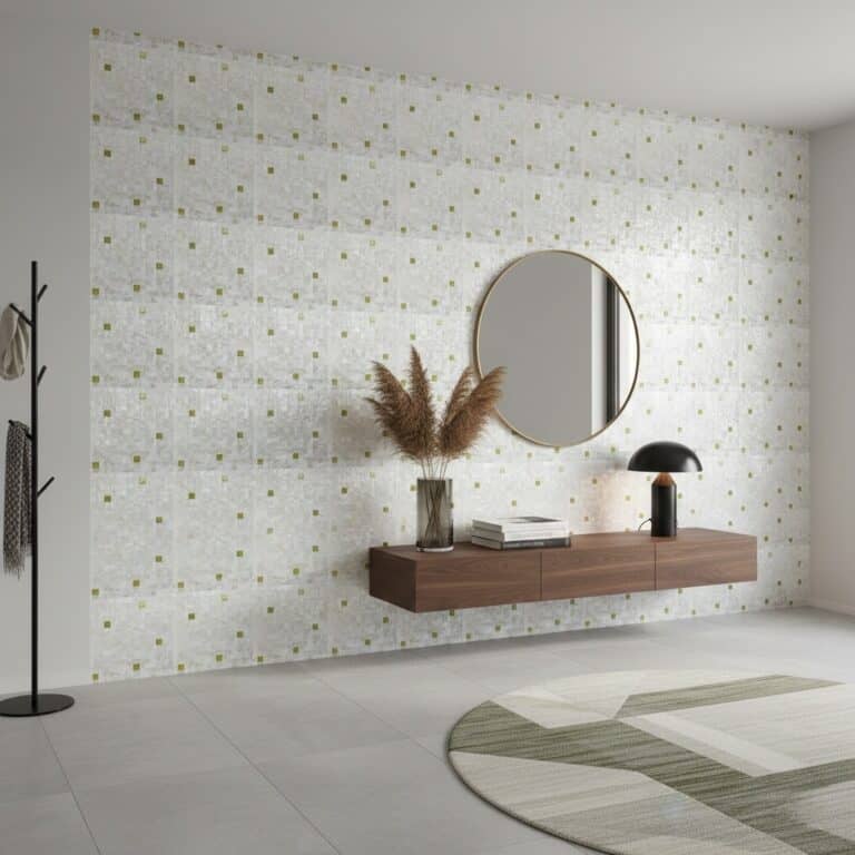 Decorative wall tile with a white background and small green and beige square accents, featuring a round mirror and wooden sh.