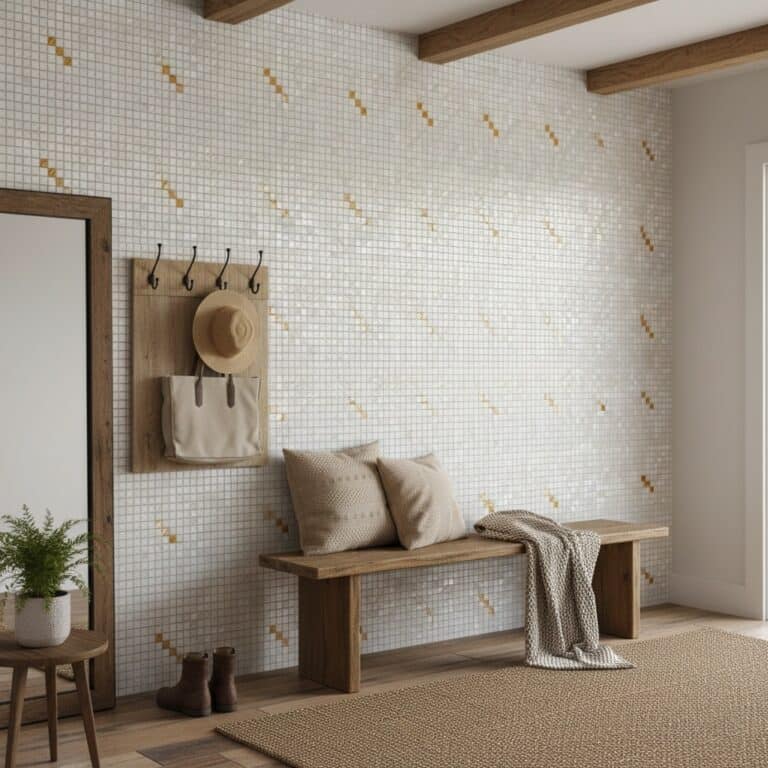 Bright mosaic tile wall with beige and gold accents, textured surface, complemented by a rustic wooden bench and cozy home de.