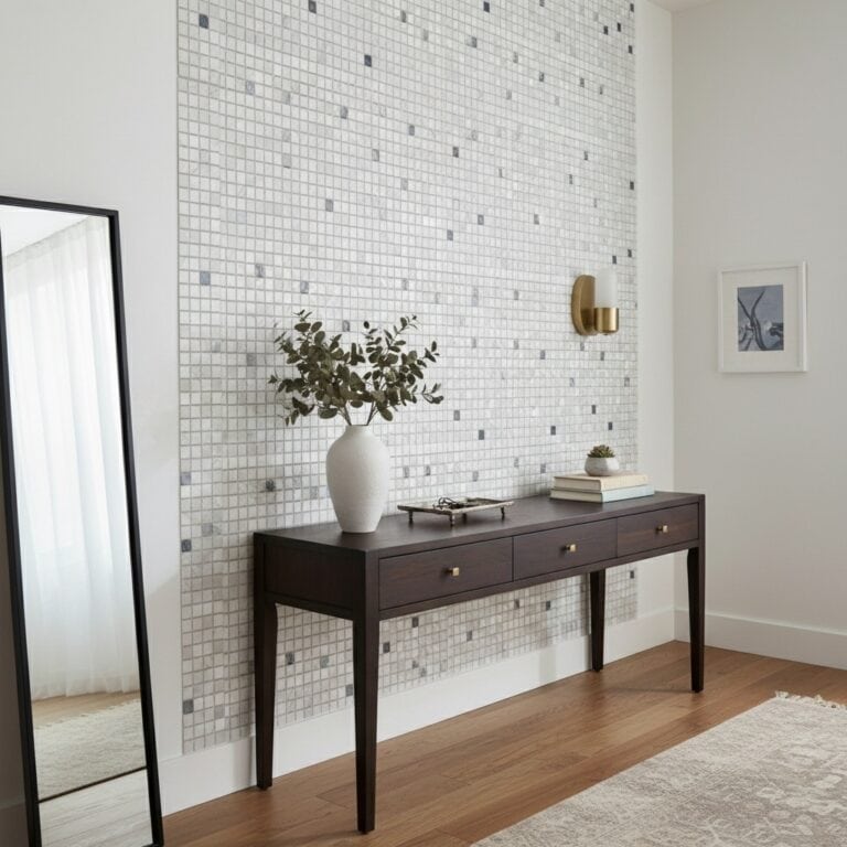 White mosaic tile wall with subtle gray accents.