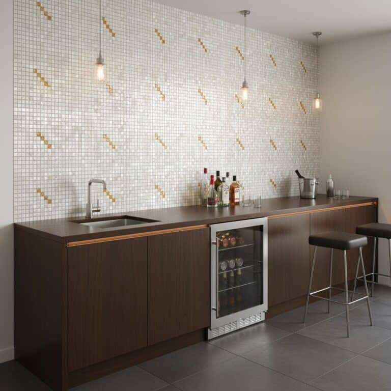 White mosaic tile with gold diagonal accents, smooth texture, and glossy finish. Modern bar area with dark wood cabinetry and.
