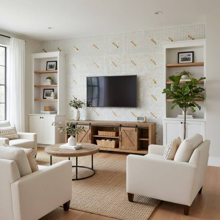 Light-colored mosaic tile wall with gold accents in living room.