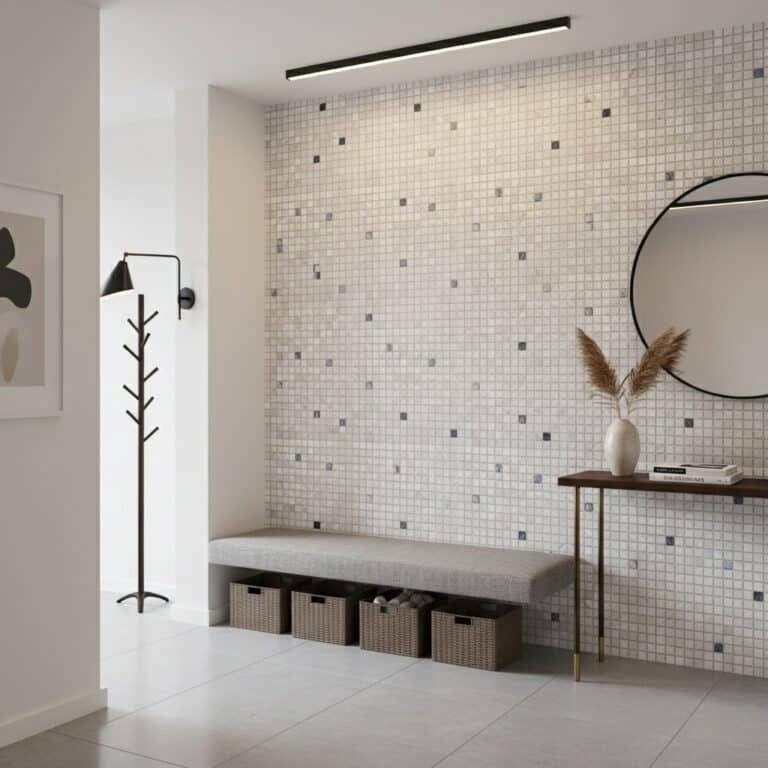 White mosaic tile wall with small black square accents, smooth texture, modern design.