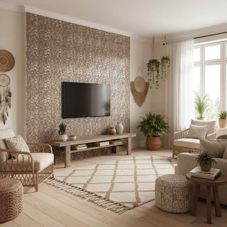 Beige mosaic tile with textured surface, perfect for modern living room decor.