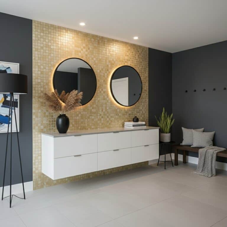 Elegant bathroom mirror with backlit LED lighting and black frame.