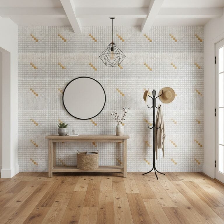 A minimalist entryway with a white tile wall featuring subtle gold accents, light wood flooring, and simple decor including a.