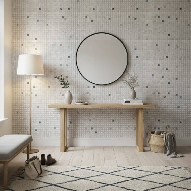 Decorative mosaic tile wall with neutral tones and subtle blue accents.