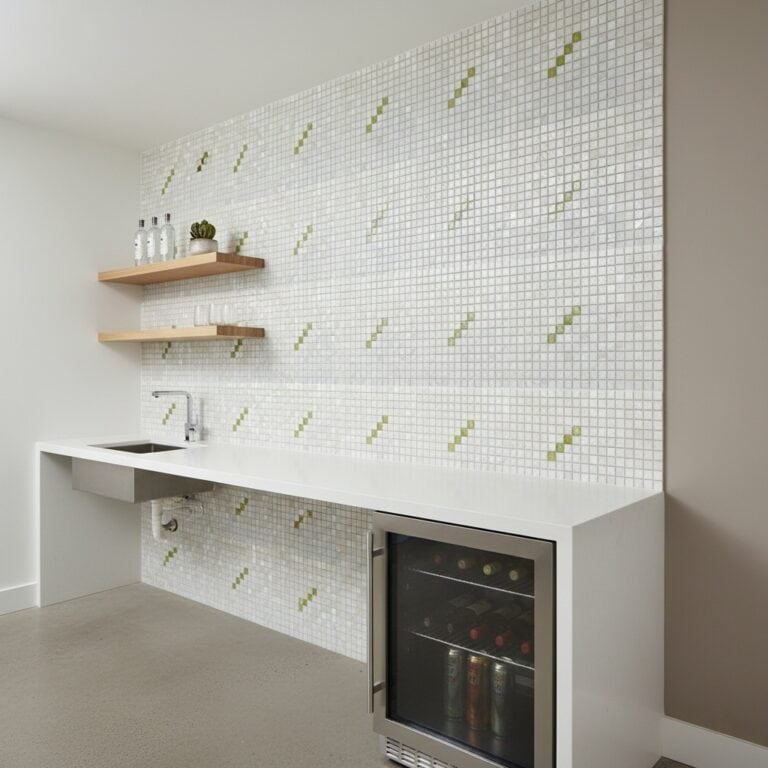Bright white mosaic tile wall with subtle green accents, smooth texture, modern design.