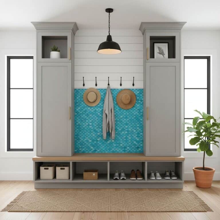 Bright blue mosaic tile wall with wooden storage cabinets and hooks.