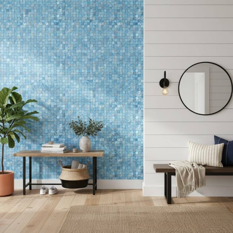 Blue mosaic tile wall, textured, vibrant.
