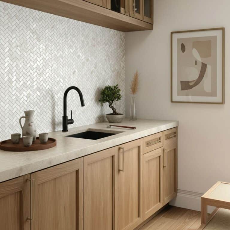 Beige textured ceramic tile backsplash with a subtle herringbone pattern behind a kitchen sink.