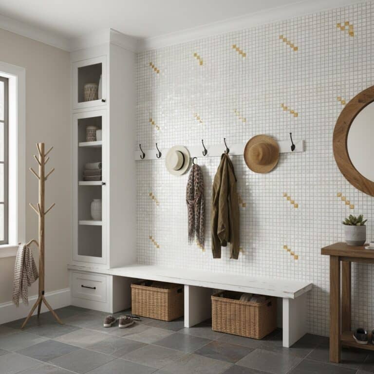 White mosaic tile wall with gold diagonal accents, textured surface, in a modern entryway.