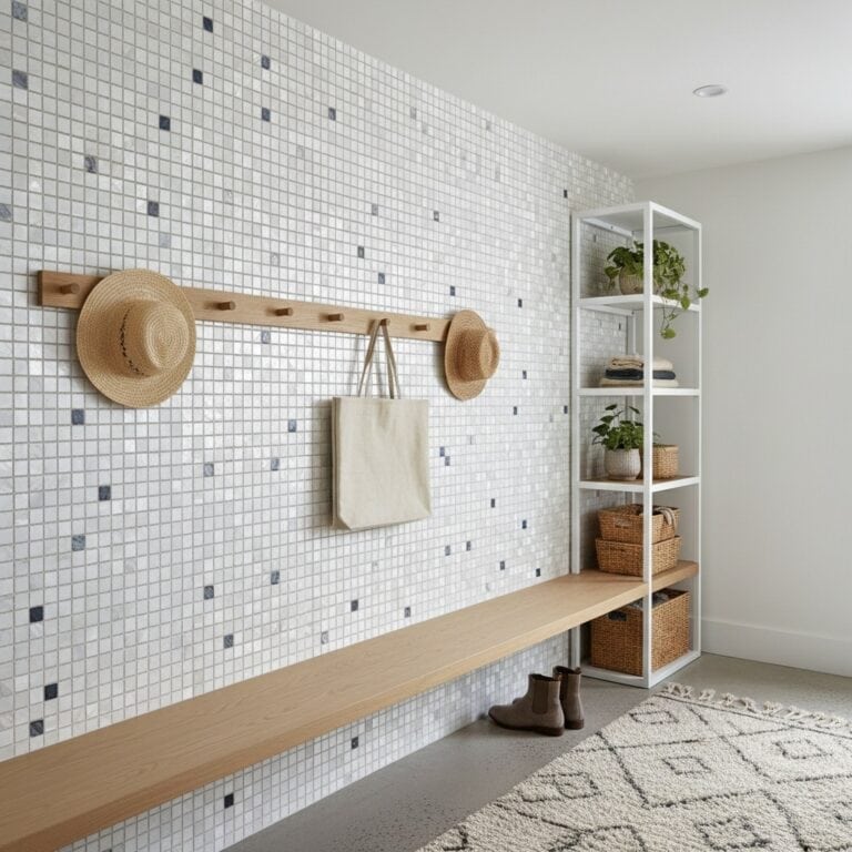 Bright white mosaic tile wall with small dark accents, wooden bench, and white shelving unit with plants and baskets.