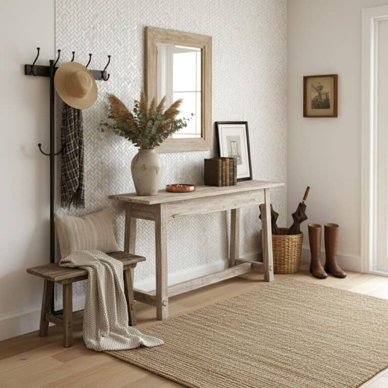 A beige textured ceramic tile wall with a rustic wooden console, decorative items, and a cozy woven rug in a home entryway.