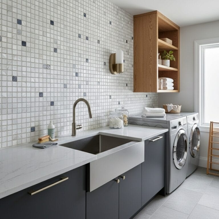 White mosaic tile with blue and gray accents, textured surface, modern design.