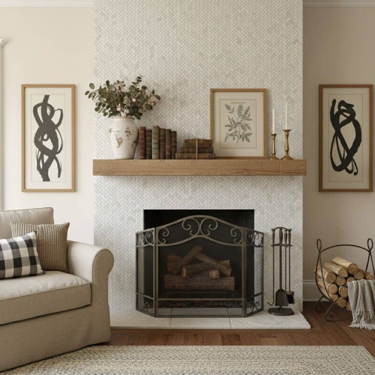 Stone fireplace with a wooden mantel, framed botanical prints, and decorative items in a cozy living room setting.