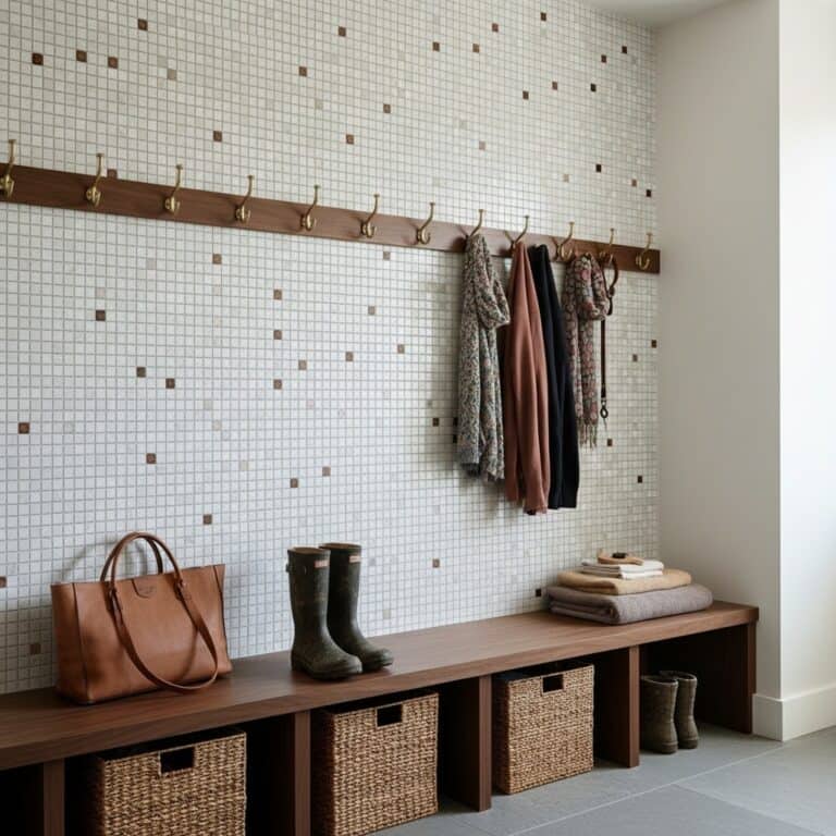 Wall-mounted wooden coat rack with hooks, featuring small white and brown mosaic tiles, creating a modern and functional entr.