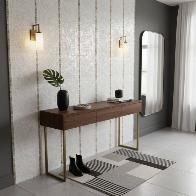Elegant wallpaper featuring a textured surface with gold vertical stripes and a subtle shimmer, perfect for contemporary inte.