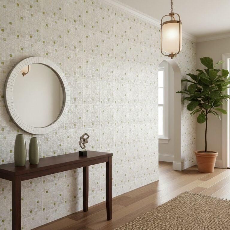 Green mosaic wall tiles with textured surface and glossy finish.