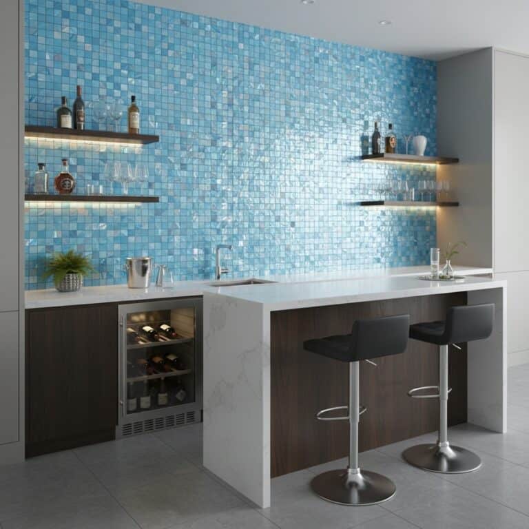 Blue mosaic tile with glossy finish, textured surface, in a contemporary kitchen setting.