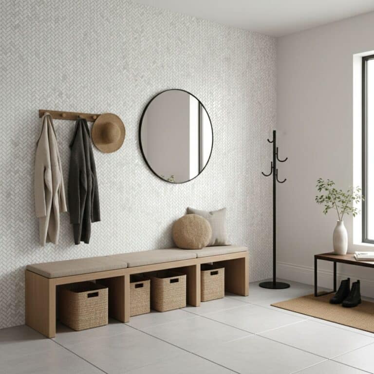 Neutral textured wall tiles with subtle pattern and matte finish.