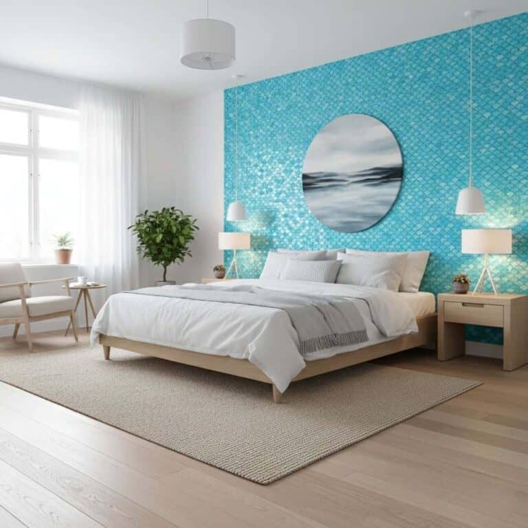 Bright blue mosaic tile wall with textured surface behind the bed.