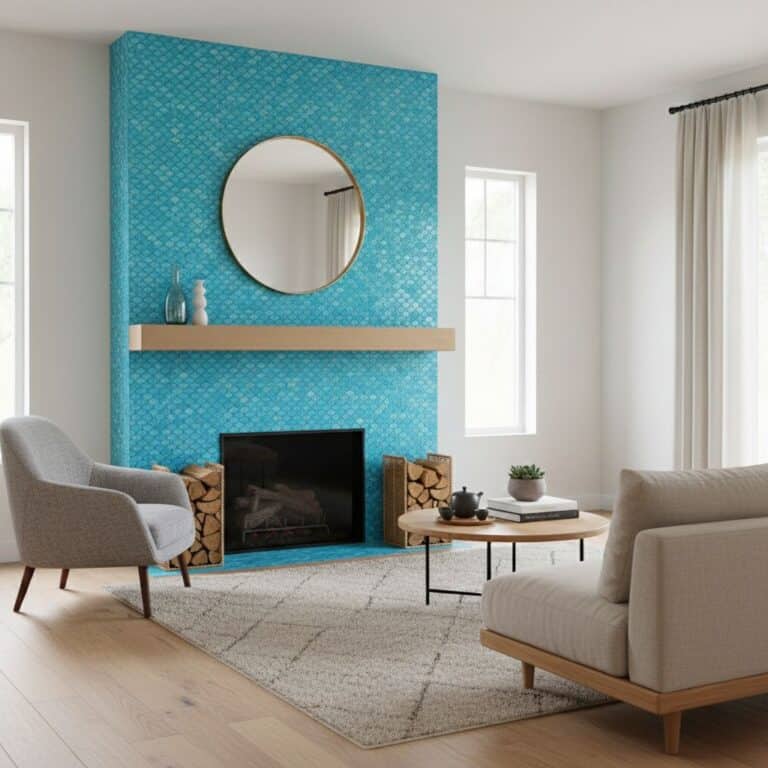 Blue textured ceramic tile with matte finish around fireplace.