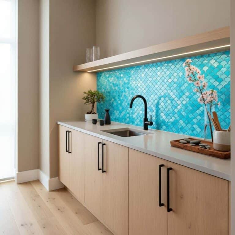 Blue fish scale ceramic tile with glossy finish in kitchen backsplash.