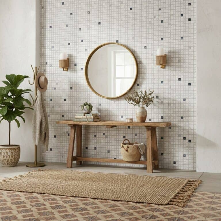 White mosaic tile wall with small black accents, textured surface, and a rustic wooden console table.