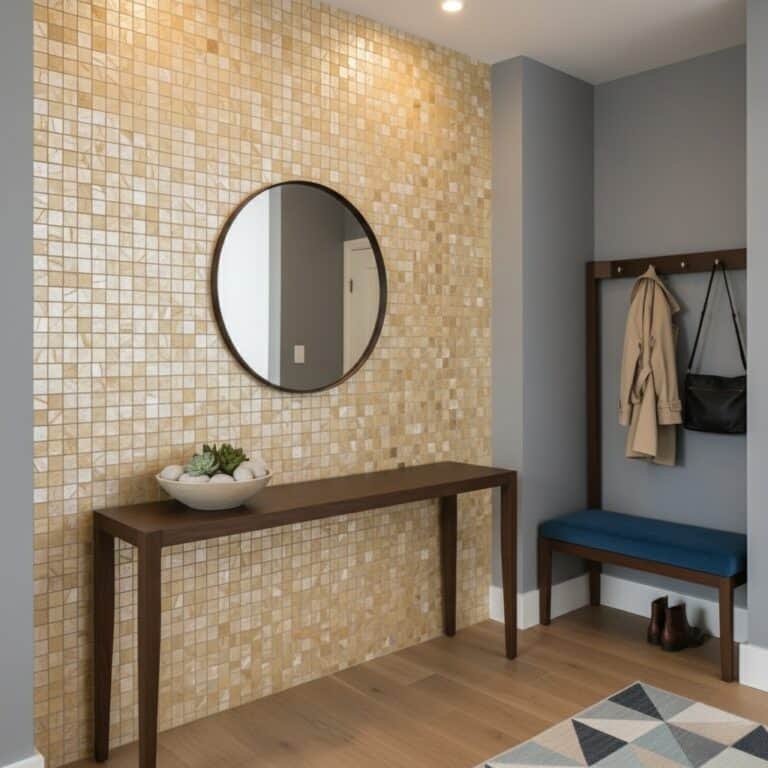 Mosaic tile wall with beige and cream tones, textured surface, in a modern interior.