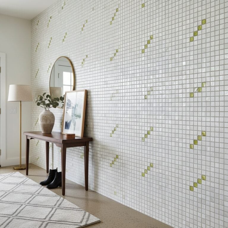White mosaic tile wall with green diamond-shaped accents, smooth texture, modern design.